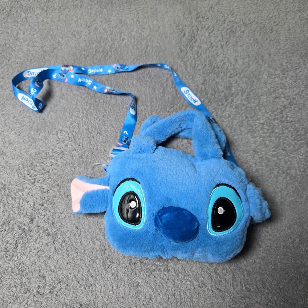 Disney Kids OS Stitch Crossbody Bag Blue Plush Faux Fur Lanyard Strap 3D Ears
